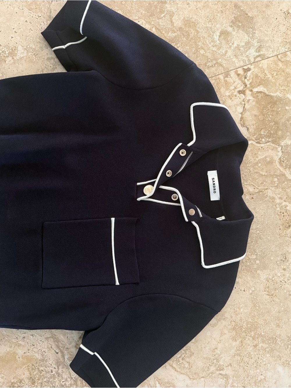 Sandro Navy Cropped Polo Top with White Piping - Picture 6 of 7